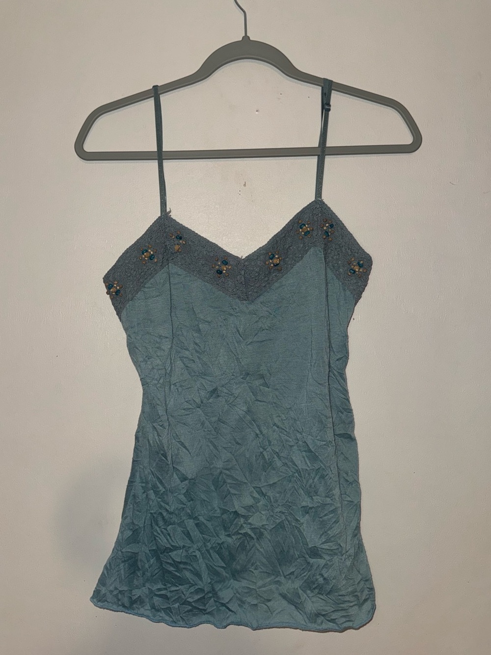 Blue Lace-Trim Camisole Top with Beaded Detail